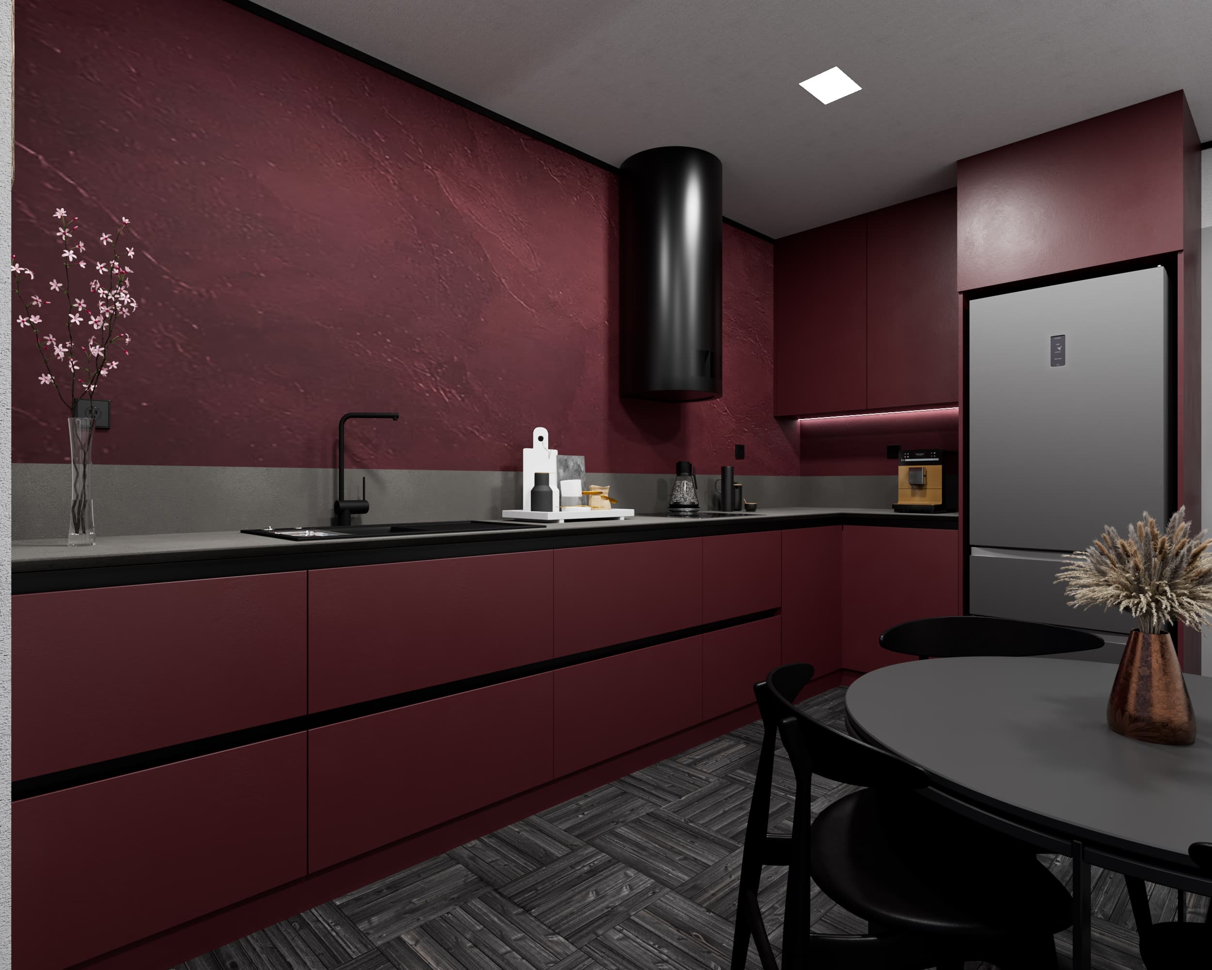 Modern Burgundy Kitchen Interior – Luxury Contemporary